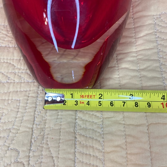 Red Cut Glass Vase 8.5”x5” Angled Top Unsigned Encased Glass - Picture 7 of 8